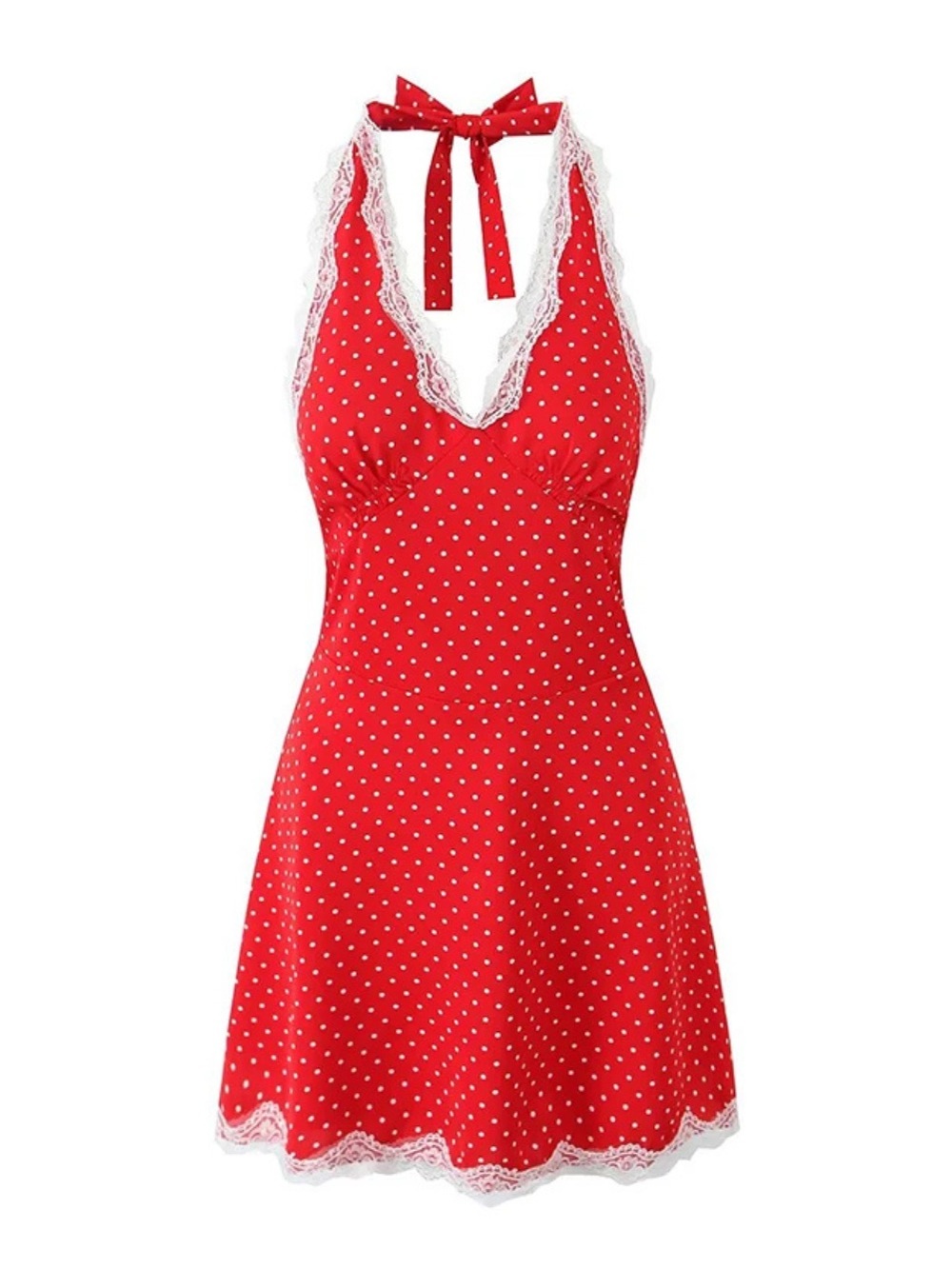 Red Polka Dot Halter Mini Dress with Lace Trim